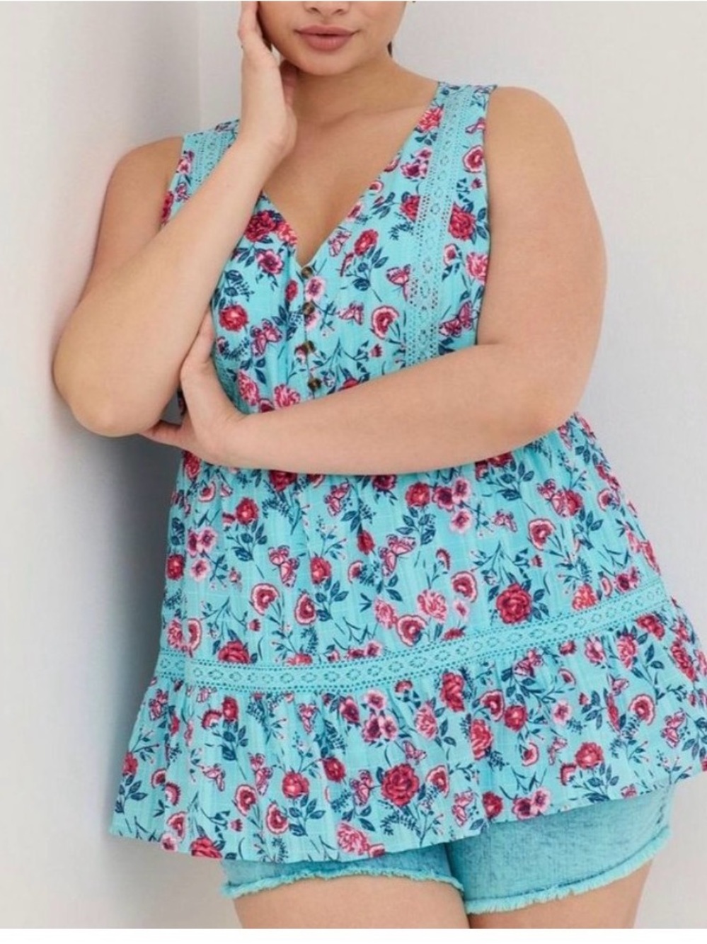 Torrid Womens 3(3X) Blue Floral Babydoll Cotton Crochet Inset Tiered Tank Top